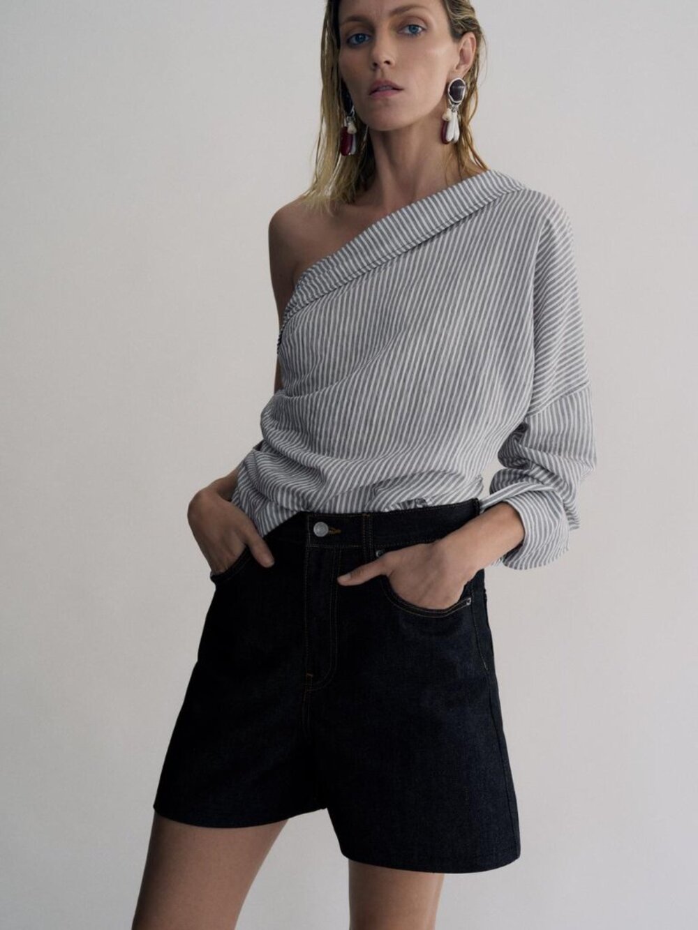 Zara Grey & White Pinstripe Asymmetrical Dress Shirt